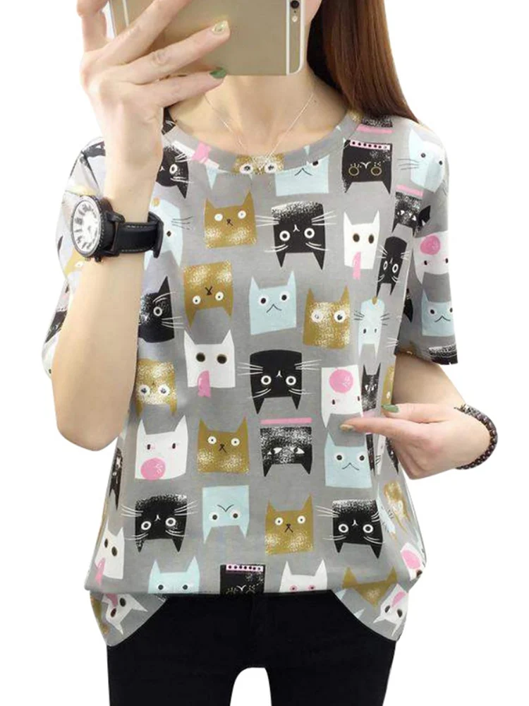 

Fashion Cartoon Printed Short-sleeved T-shirt Harajuku Cute Cartoon Cat Printed Summer Tees Women's New Casual TShirts M-2XL