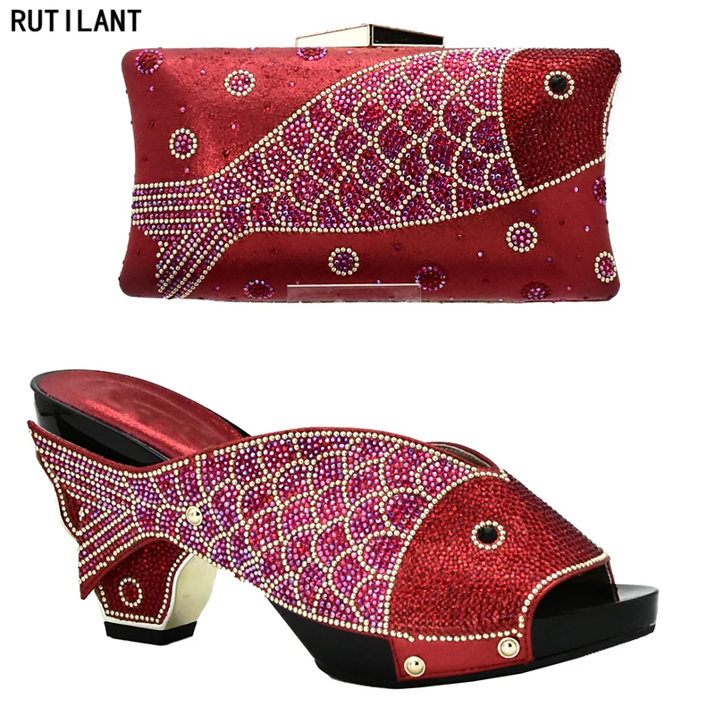 

Red Color Shoe and Bag Italian Design Set Decorated with Rhinestone Nigerian Women Wedding Shoes and Bag Set High Quality Shoes