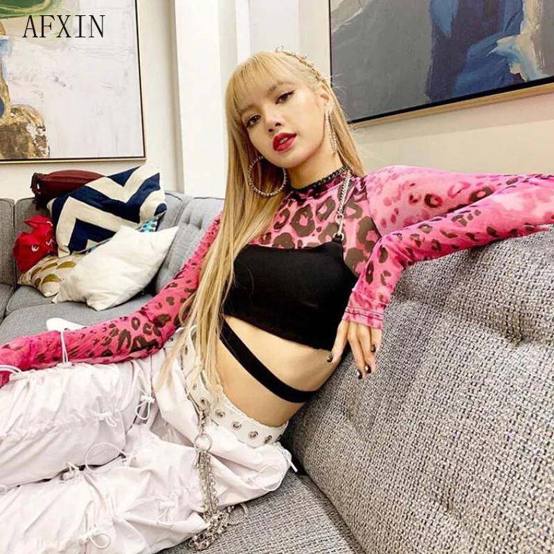 Harajuku BLACKPINK Lisa уличная розовая леопардовая Футболка женская сетчатый топ Vogue с длинными рукавами сексуальная Прозрачная Футболка Femme