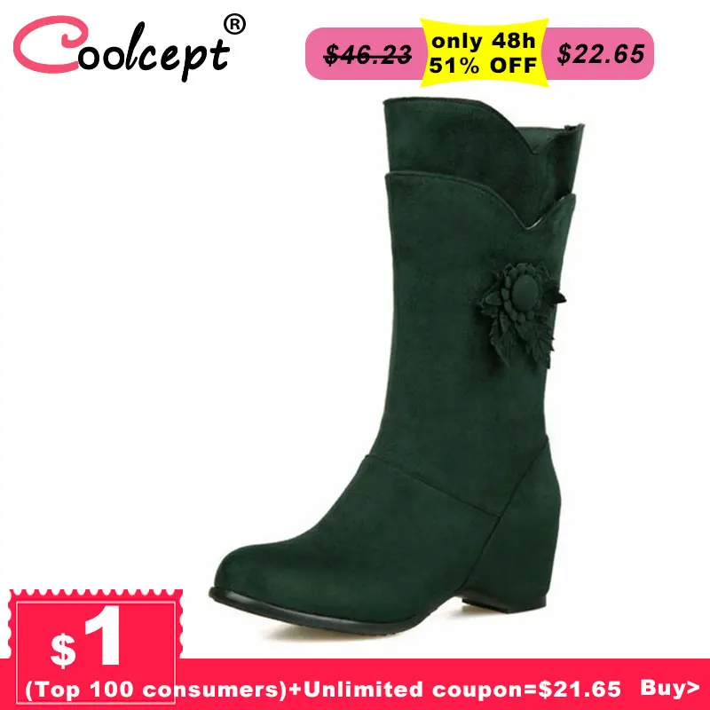 

Coolcept Plus Size 28-52 5 Color Women Winter Boots Flowers Inside Heels Mid Calf Boots Fashion Warm Shoes Woman Footwear
