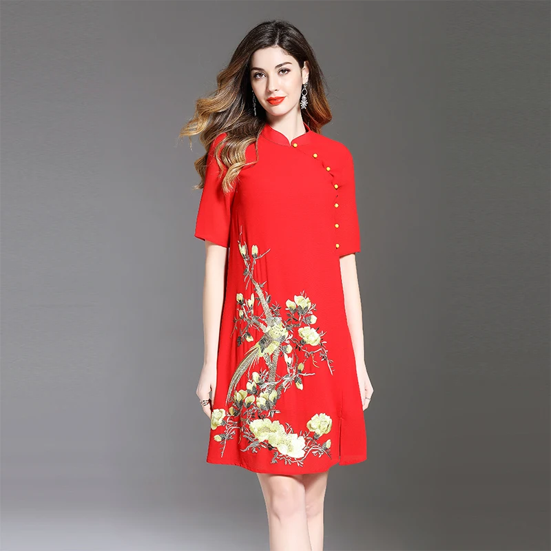 

2018 Summer New Elegant Embroidery Women Dress High Quality Chinese Style Mandarin Collar Loose Pretty Cheongsam Dresses Female