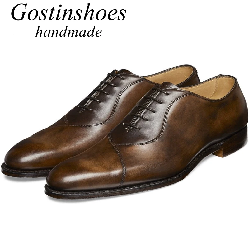 

GOSTINSHOES HANDMADE Genuine Brown Shaded Leather Whole Cut Lace-Up Men's Shoes Pointed Toe Oxford SCZ002