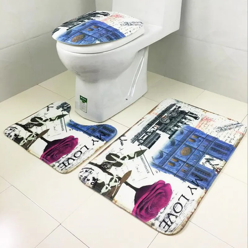Beautiful Three piece Bathroom Mats Flannel Carpet Toilet Floor Mats