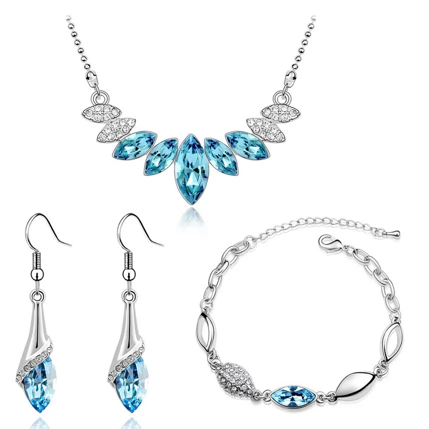 Браслет, ожерелье, серьги, свадебные, вечерние, серебряный цвет, австрийский кристалл, подвеска в виде капли воды, ювелирные наборы 44293