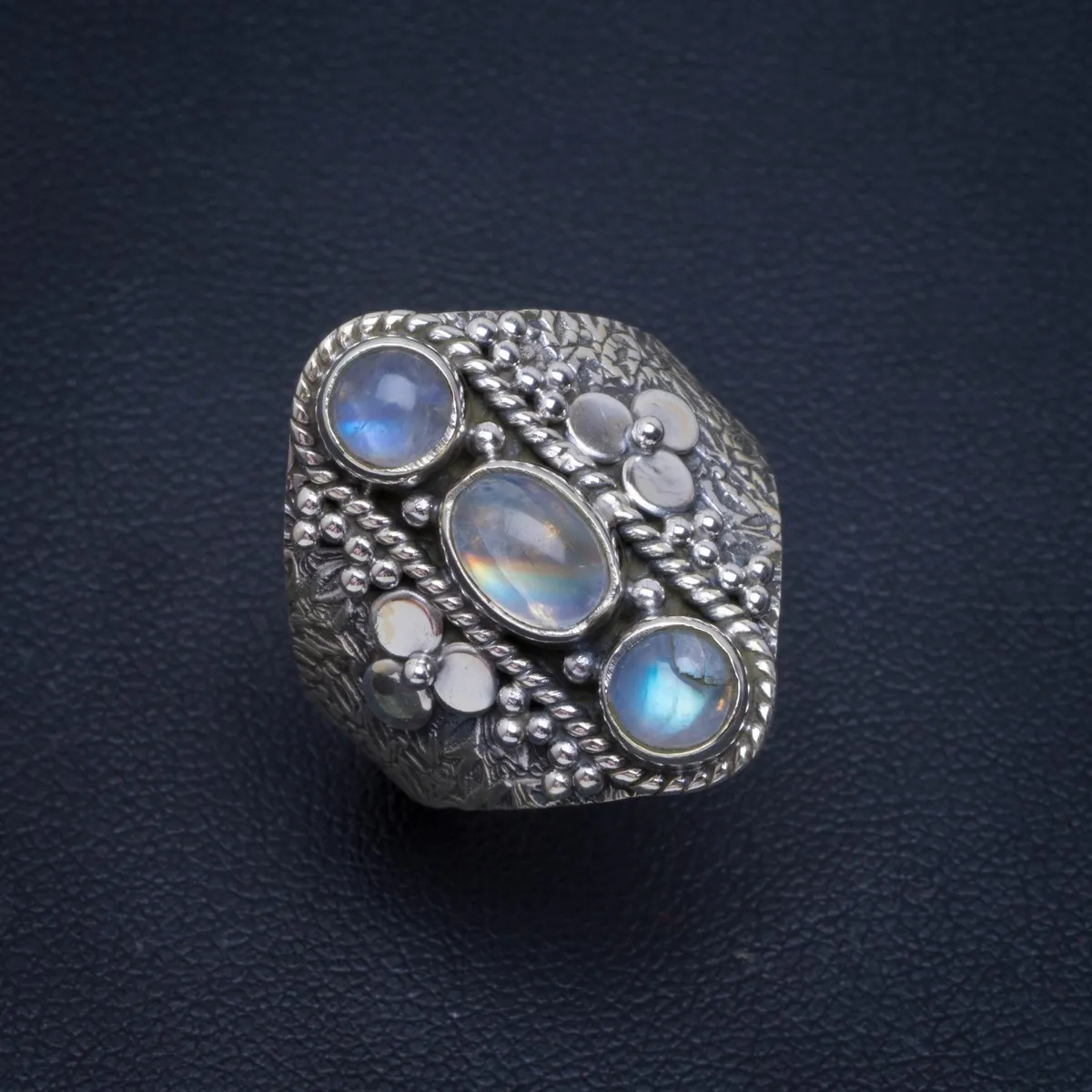 

Natural Rainbow Moonstone Handmade Unique 925 Sterling Silver Ring 8.25 B1035