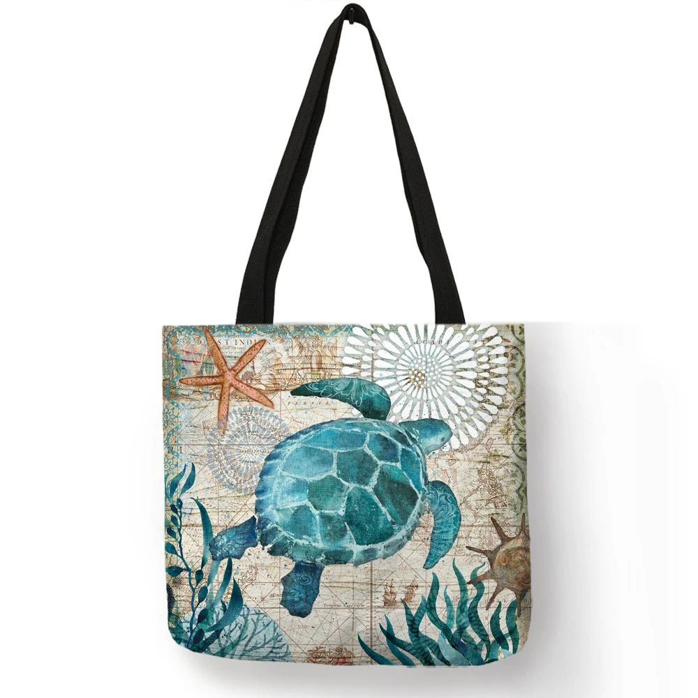 Customize Tote Bag Seahorse Turtle Octopus Pattern Traveling Shoulder Bags Eco Linen Shopping For Women With Print huismerk kopen in de aanbieding Customize Tote Bag Seahorse Turtle Octopus Pattern Traveling Shoulder Bags Eco Linen Shopping For Women With Print huismerk kopen in de aanbieding