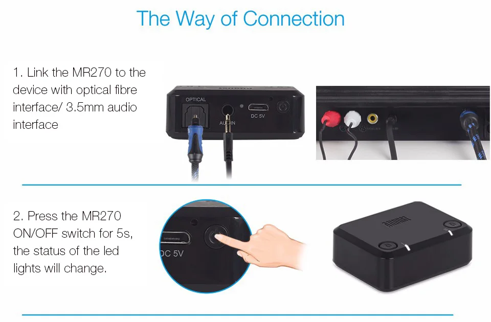 Bluetooth-трансмиттер August MR270 с технологией aptX Low Latency с 3.5 мм, оптическим и композитным аудиовыходами для подключения к двум парам наушников, динамиков