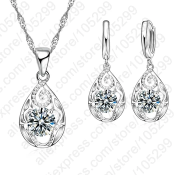 

Newest Gift 925 Sterling Silver New Jewelry Full Cubic Zircon Round Pendant Necklace Women Drop Earring Wedding Set