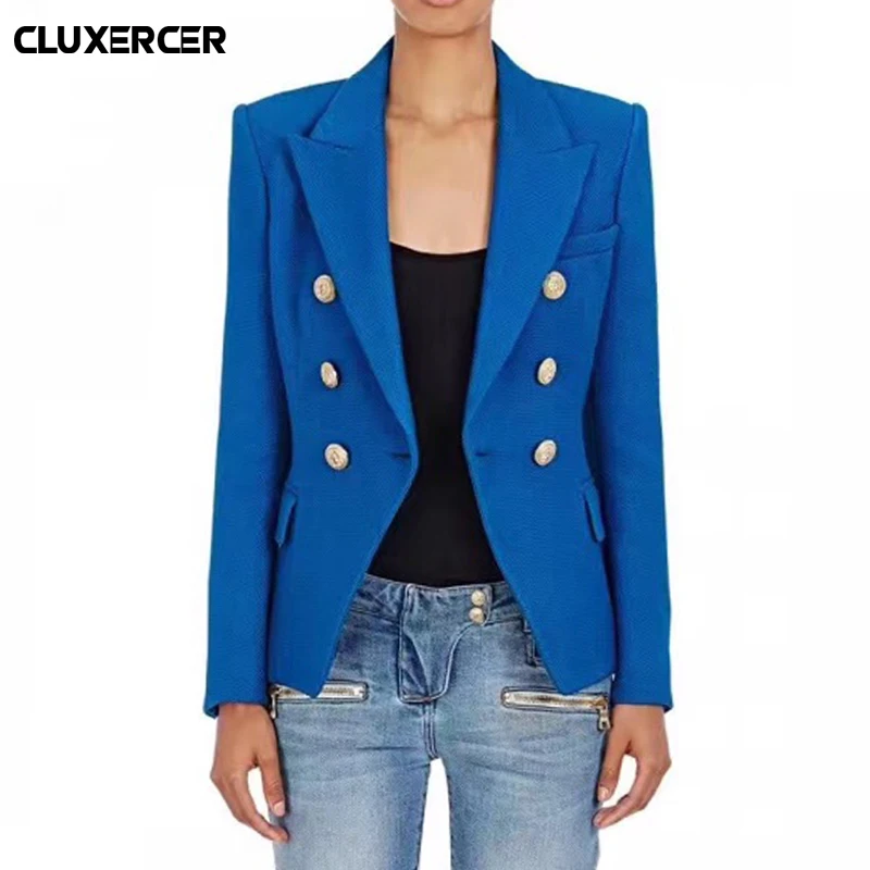 

2018 New Autumn winter Blue double breasted Office layd blazers suit Elegant long sleeve slim blazer feminino mujer