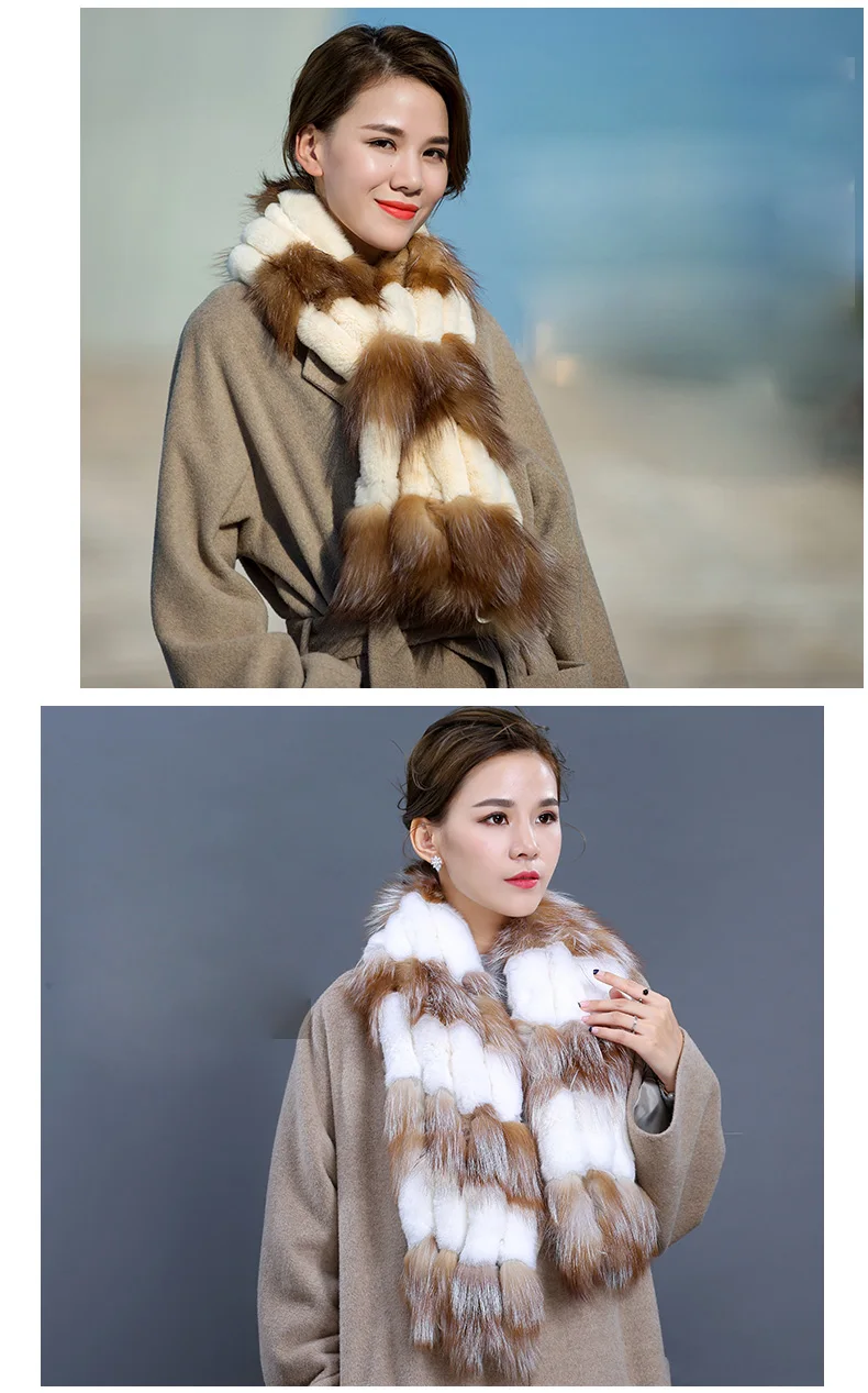 Factory Direct New Real Fur Scarves For Women Handmade Natural Rex Rabbit Fur Scarf With Sliver Fox Fur Wraps (14)
