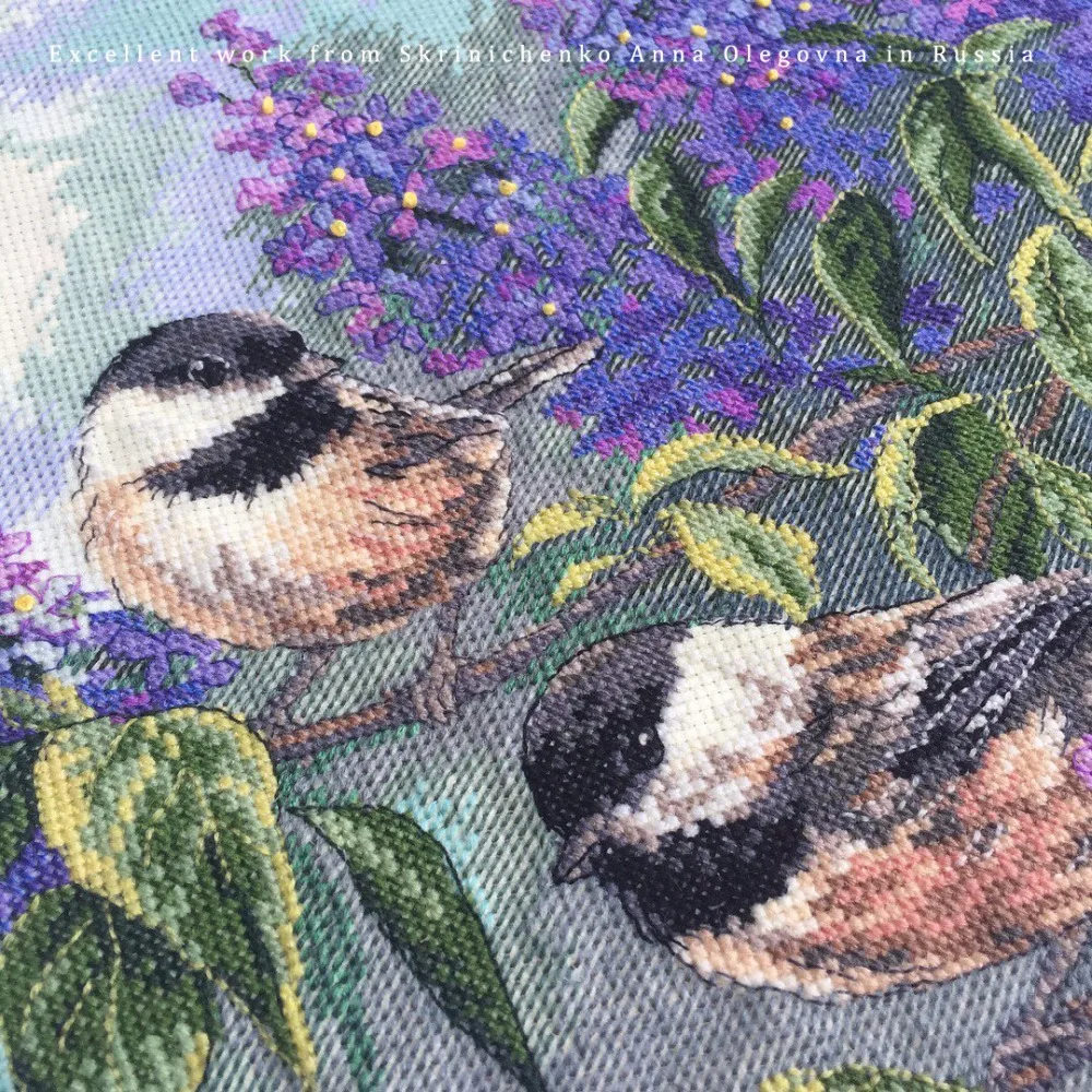 Cross Stitch Kit Chickadees and Lilac Purple Flower and Bird dim  35258