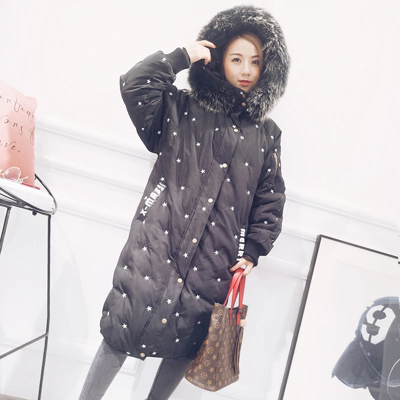 Embroidery stars natural raccoon dog fur collar hooded white duck down jackets women down coats outerwear 2018 autumn winter