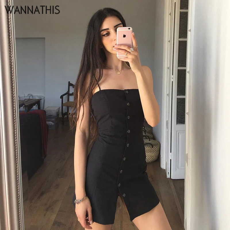 

WannaThis Sleeveless Black Party Dress Button Split Sexy Casual Slash Neck Backless Skinny Spaghetti Strap Off Shoulder Dresses