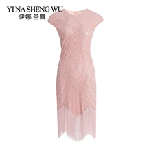 Женские винтажные вечерние платья в стиле Грейт Гэтсби, с v-образным вырезом, с рукавом, с блестками, с бахромой, миди, летние платья, украшенные в стиле арт-деко, 1920s