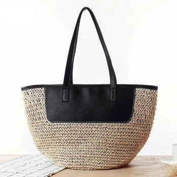 

WILIAMGANU Leather Bag Women Big Summer Straw Beach Tote Handbags New Handmade Woven Ladies Shoulder Bag Large Capacity Vacation