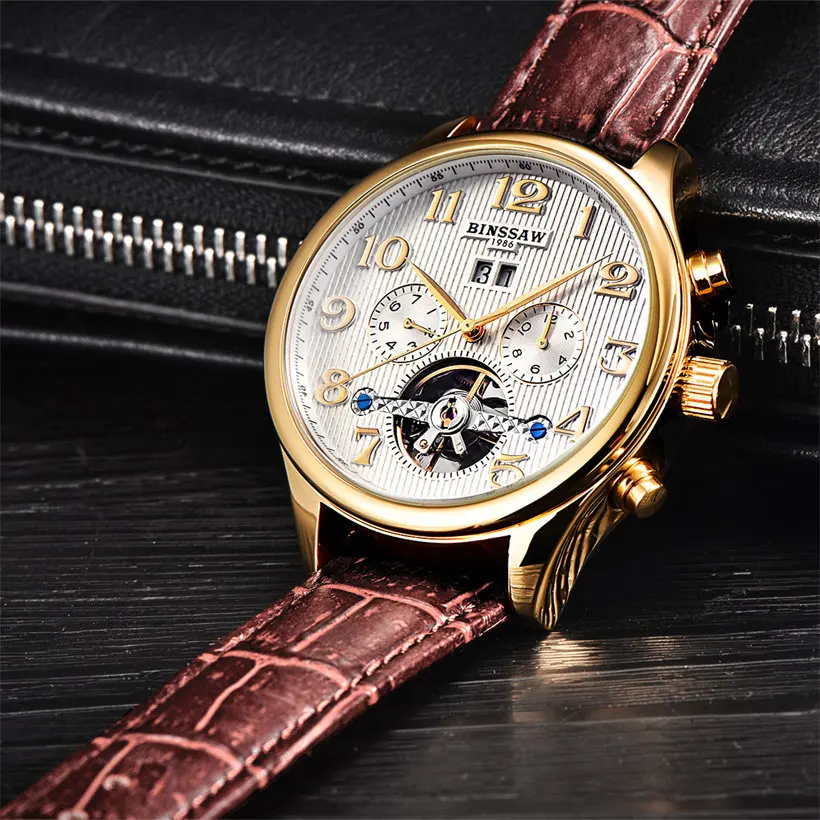 BINSSAW الرجال الأصلي العلامة التجارية الفاخرة توربيون التلقائي ساعات آلية أزياء والجلود ووتش الأعمال الهدايا Relogio Masculino
