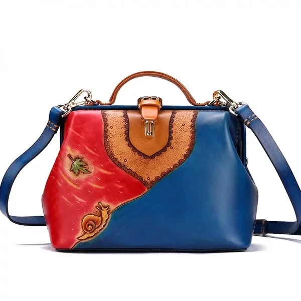 

100% Handmade Color-Mixing Designer Genuine Leather Engraved Women's Small Blue Handbag Female Shoulder Doctor Bag Clutch Purse