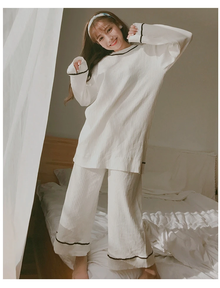 Yomrzl Новое поступление весна-осень Женская пижамный комплект бежевый пижама с длинным рукавом с круглым вырезом сна Набор Крытый одежда A410