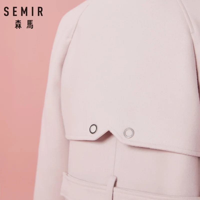 Cena SEMIR damski dwurzędowy trencz damski mieszanka wełny płaszcz ze skośną kieszenią jedwabisty poliester podszyty na zimę