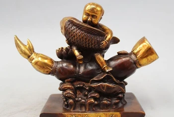 

10" Chinese Bronze Gild Boy Tong Zi armful Fish Seat Lotus Root Wealth Statue