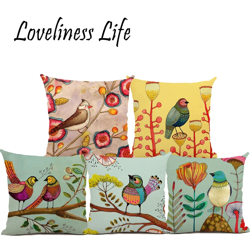 Newest Oil Painting Floral And Bird Printed Linen Cushion Cover Car Sofa Throw Pillow Case Home Decorative Pillowcase Cojines | Дом и сад