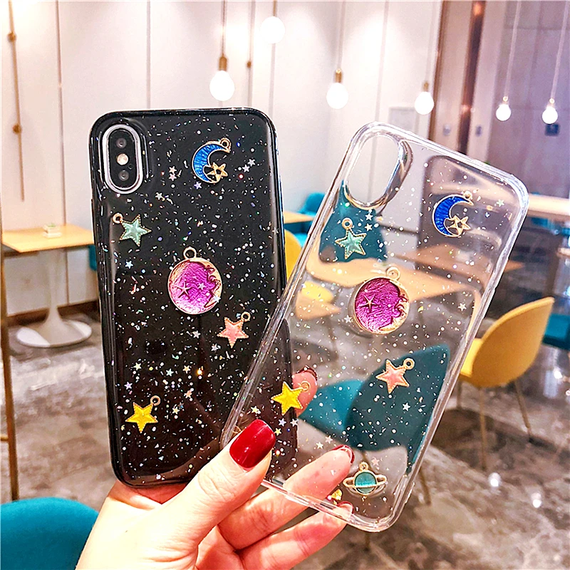 

3D Space Moon Stars Bling Phone Case For iphone XS MAX Case Soft Silicon XR X XS MAX 6 7 8 plus Moon Planet Glossy Sequins Cover