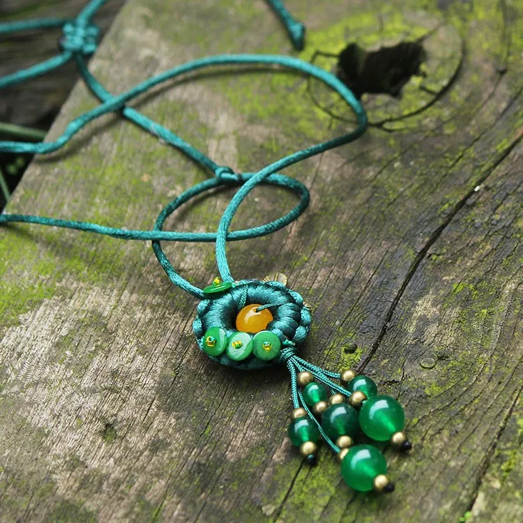 Модное этническое ожерелье vintgae богемные ювелирные изделия, украшение на свитер, ожерелье зеленый, китайский ручной работы плетеный камень ювелирное ожерелье