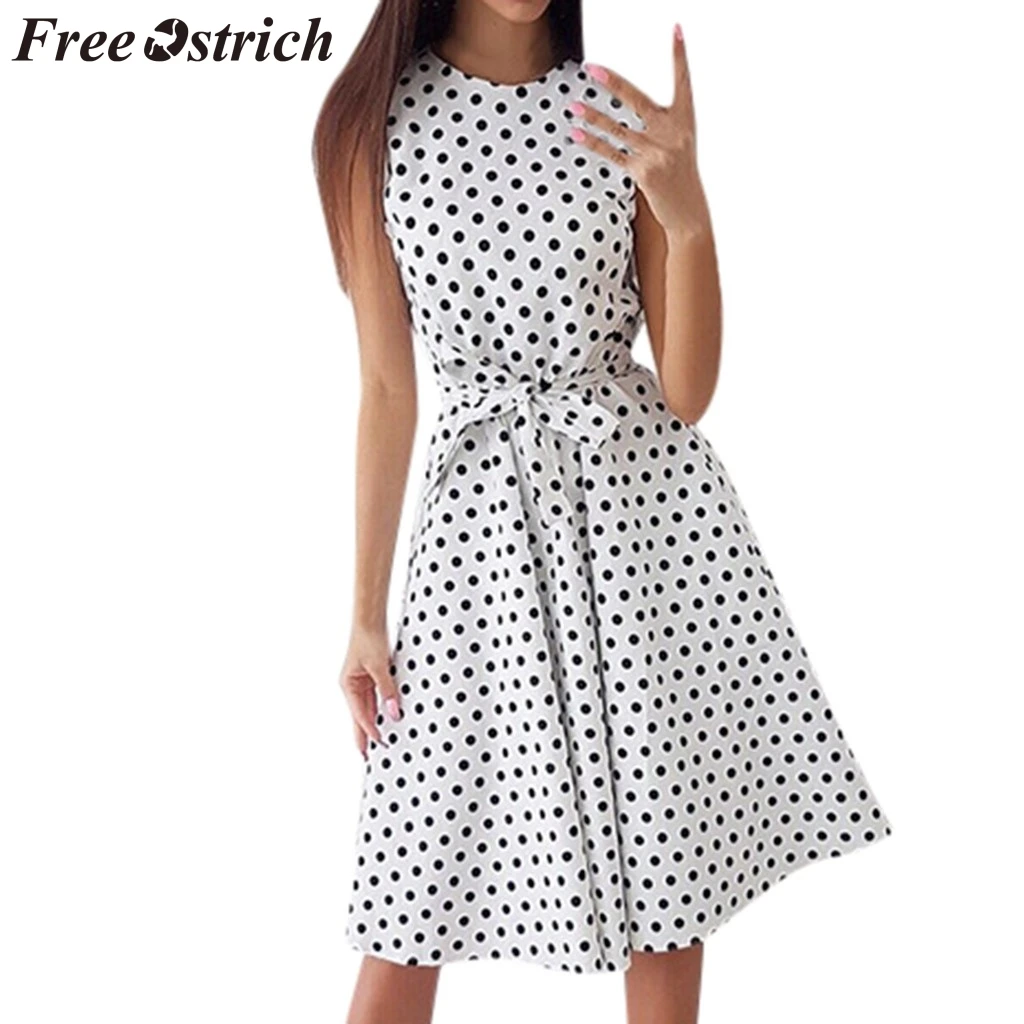 

FREE OSTRICH Women Dress Polka Dot Print Sleeveless Round Collar Lace Up popular Dignified Fashion Women Short Dress Summer