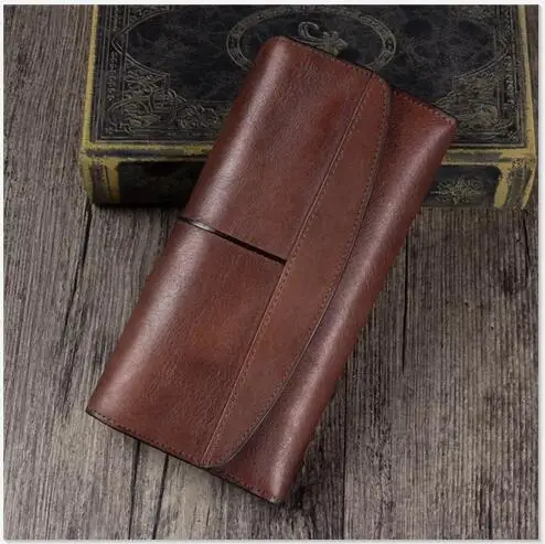 Vintage Designer Genuine Leather Women's Clutch Purse Cow Skin Blackish Green Female Large Trifold Wallet Lady Long Card Wallet - Цвет: Шоколад