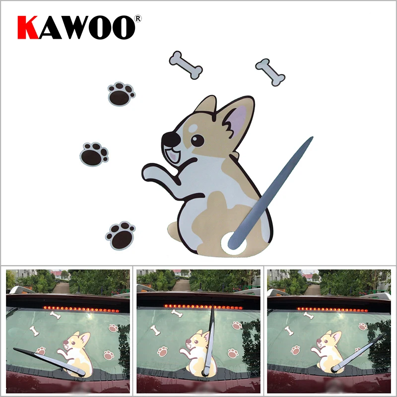 

KAWOO Car Styling Cartoon Funny Welsh Corgi Dog Moving Tail Animal Stickers Reflective Waterproof Car Window Wiper Decals
