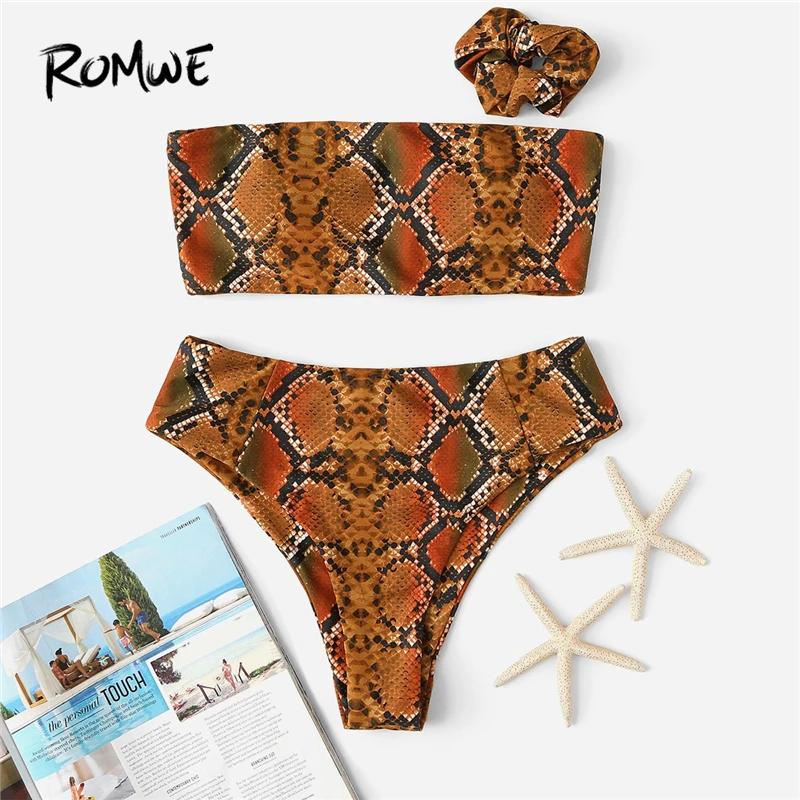 

Romwe Sport Snakeskin Bikinis Set With Hair Tie Women Sexy Wire Free Bandeau High Cut Bottoms Summer Beach Vacation Swimsuit