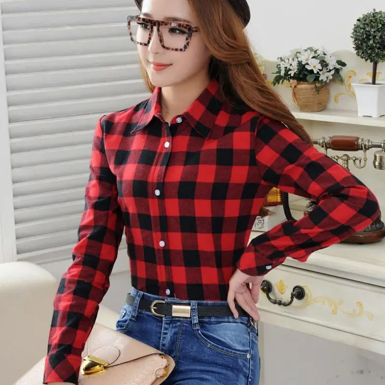 2019 pomlad nova moda Casual Lapel Plus velikosti bluze Ženske karirasto srajco čevlji majice z dolgimi rokavi