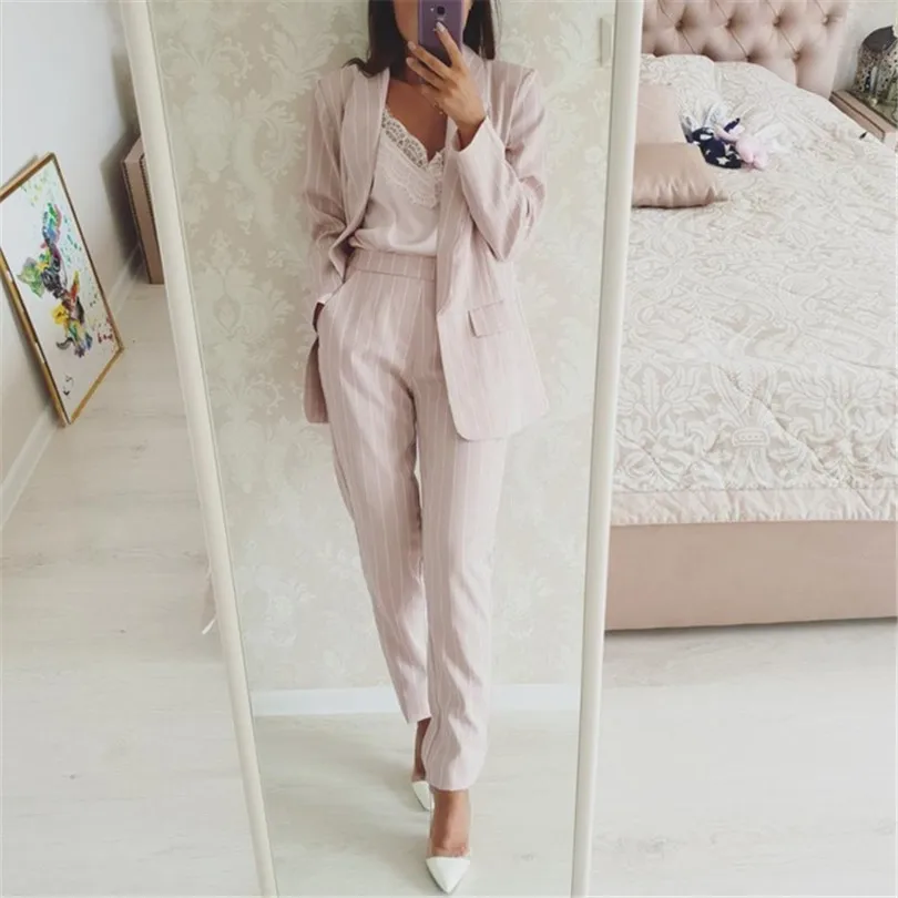 

Taotrees Striped Office Lady Suits Work Pant Suit for Women Buttonless Blazer Jacket & Trouser 2 Piece Set