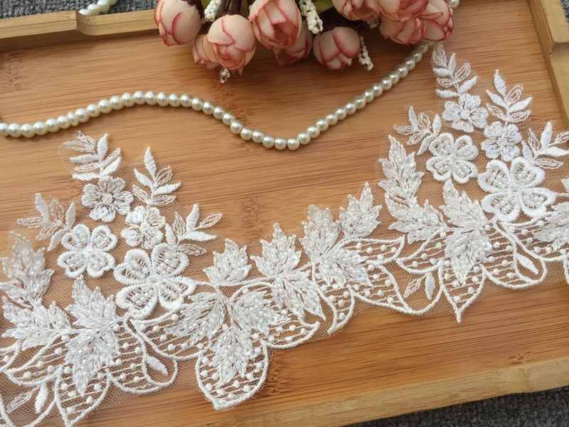 

2Yards Heavy tiny Pearl Beaded Leaves Embroidered Lace DIY Wedding Veil Quality Lace Straps Rayon Material Width about 14.5cm