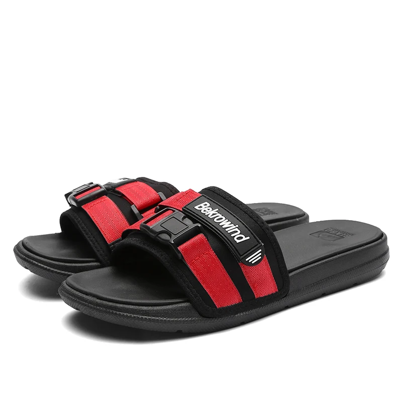 Новинка года; летние мужские шлепанцы высокого качества; пляжная обувь; повседневные мужские сандалии; тапочки; уличные вьетнамки на плоской нескользящей подошве; повседневная обувь - Цвет: Black Red1