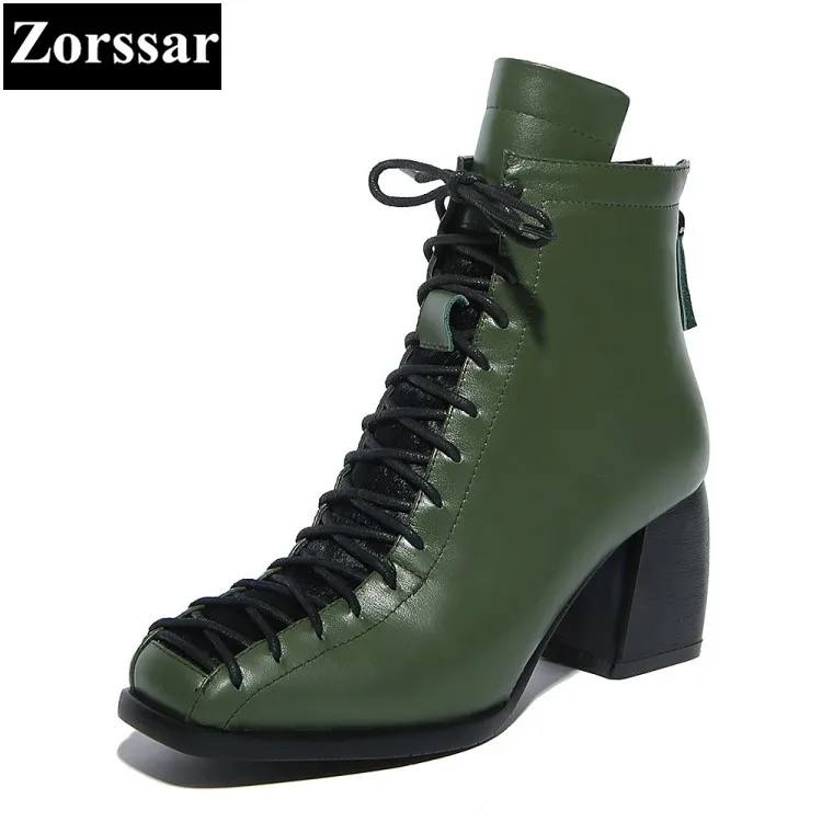 

{Zorssar} 2018 new genuine leather Women Boots thick heel ankle Square Toe Motorcycle boots large size womens shoes winter boots