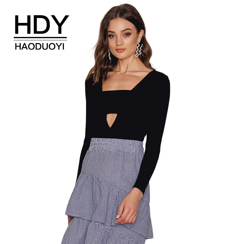 HDY Haoduoyi Apparel Solid Black Deep V-neck Sexy Women T-shirts Hollow Out Full Sleeve Lady Tees Streetwear Causal Pullovers HDY Haoduoyi Apparel Solid Black Deep V-neck Sexy Women T-shirts Hollow Out Full Sleeve Lady Tees Streetwear Causal Pullovers
