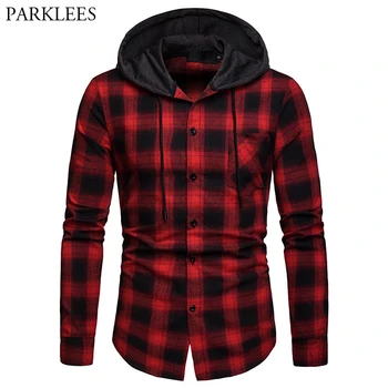 

Buffalo Plaid Hooded Shirt Men Casual Long Sleeve Male Black Red Check Shirt Pocket Hip Hop Hipster Streetwear Chemise Homme XXL