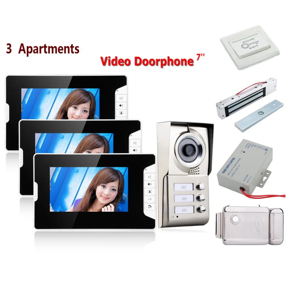 

Home set 7inch TFT 3 Apartments Video Door Phone Intercom System IR-CUT HD 1000TVL Camera Doorbell Camera+Electric Lock
