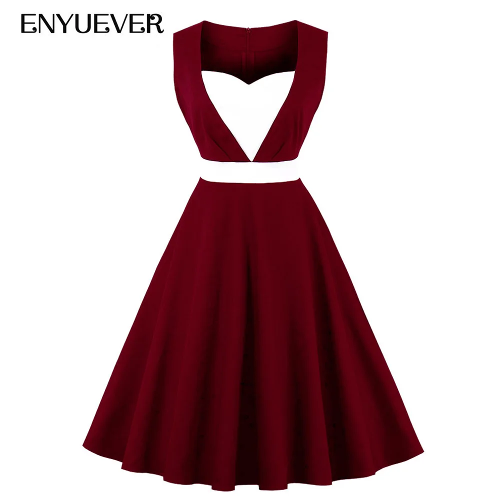 Enyuever Plus Size Vintage Dress Womens Clothes Sleeveless Rockabilly Robe Pin Up Patchwork Swing Summer Vestido Casual | Женская одежда