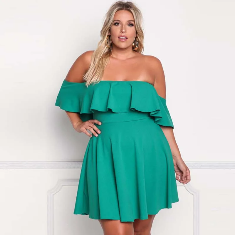 

WHZHM Off Shoulder Dress Women Ruffles Sleeveless Hollow Out Black Backless Vestido Red Plus Size 3XL Sexy Mini Green Dress