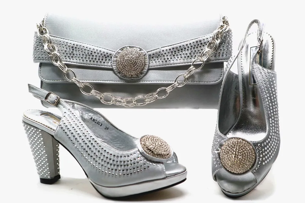 

African aso ebi party shoe and bag 2018 wedding sandal and clutches bag silver color 4 inches elegant shoes and bag SB8253-3