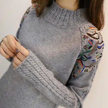 

Embroidery Turtleneck Knitted Lady's Sweater Twisted Ribbed Warm Black Pullover for Women 2020 Autumn Winter New Sweaters Female