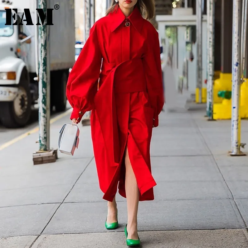 

[EAM] 2019 New Autumn Winter Turn-down Collar Long Sleeve Bandage Button Pockets Long Windbreaker Women Trench Fashion JX730