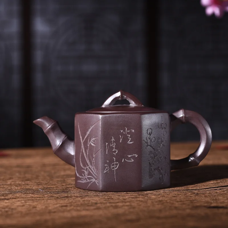 

120ML Yixing Purple Clay Teapot Bamboo Duan Ba Fang Zisha Pot All Handmade Raw Ore Zi Mud Teaware Tea Ceremony Oolong Tea Kettle