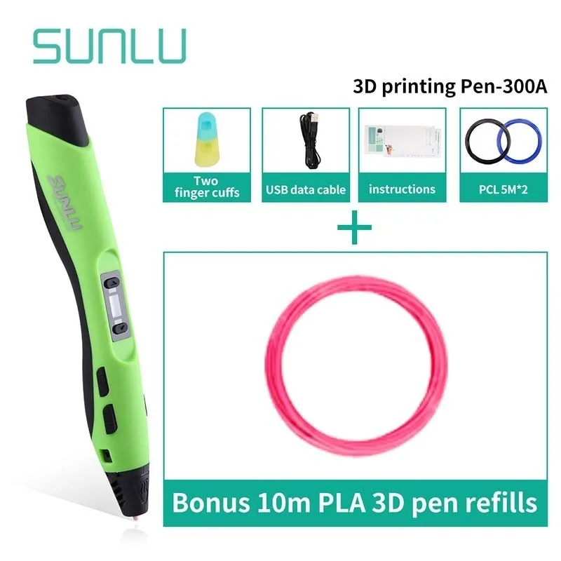 3D Ручка для рисования для детей от 1 до 8 цифровых Exturded рангов на Seep управления SUNLU SL-300A 3D печать Подарочная коробка с ручками - Цвет: SL-300A-10.1-Green