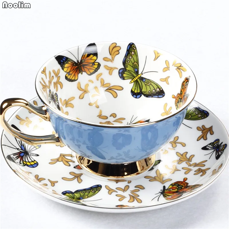 Костяной фарфор кофейные чашки наборы Красочные бабочки керамические чайные чашки и блюдца британская офисная, фарфоровая чайная чашка посуда для напитков аксессуары