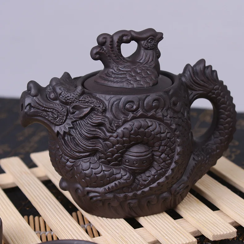 Chinese Dragon Kung Fu Tea Sets,Yixing Purple Clay Teapot 210ml,Black Teacup,1 Pot + 6 Cups Tea Service High Quality Set