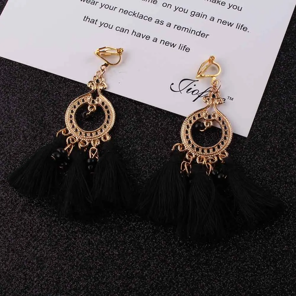 Bohemian Boho Long Tassel Clip Earrings for Women Ethnic Sector Non