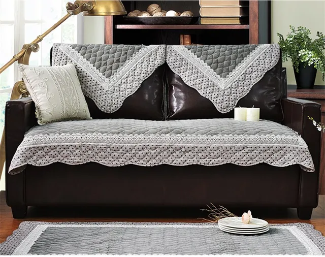 Embroidered Lace Sofa Covers Pearl Velvet Couch Cover Towel Gray Color